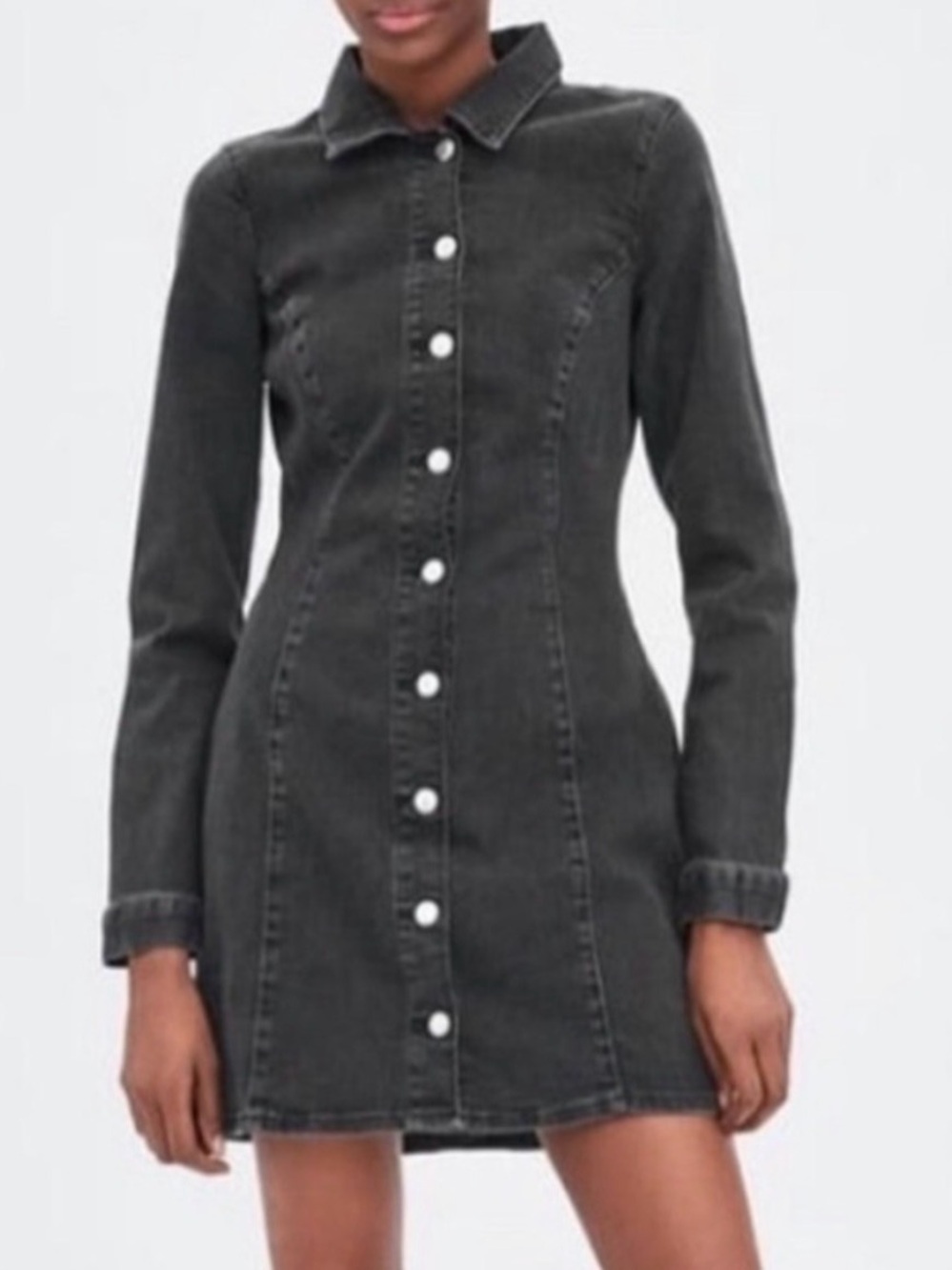 Zara Black Button-Front Denim Shirt Dress